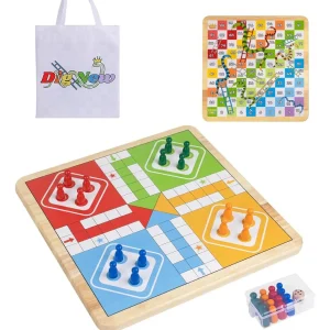 Home Plateau de jeu de société en bois 2 en 1 réversible Ludo et Serpents et Échelles avec sac de rangement et pions colorés.