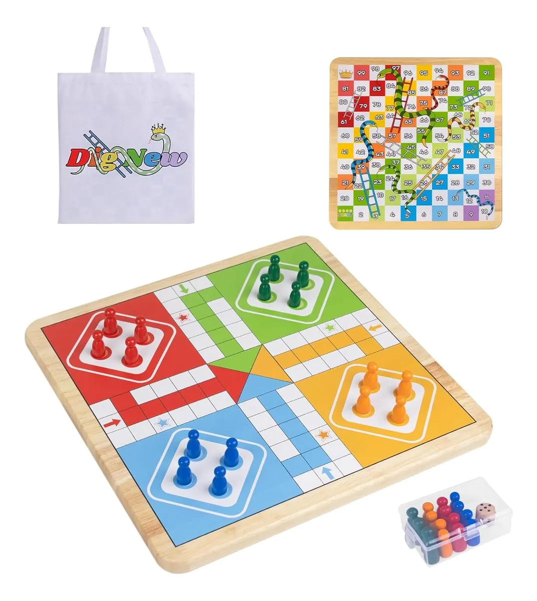 Plateau de jeu de société en bois 2 en 1 réversible Ludo et Serpents et Échelles avec sac de rangement et pions colorés. Plateau de jeu de société en bois 2 en 1 réversible Ludo et Serpents et Échelles avec sac de rangement et pions colorés.