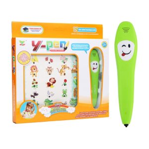 Home Stylo éducatif interactif Y-Pen vert pour enfants avec sa boîte d'emballage montrant des cartes d'apprentissage d'animaux.