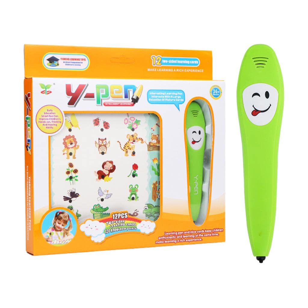 Stylo éducatif interactif Y-Pen vert pour enfants avec sa boîte d'emballage montrant des cartes d'apprentissage d'animaux. Stylo éducatif interactif Y-Pen vert pour enfants avec sa boîte d'emballage montrant des cartes d'apprentissage d'animaux.